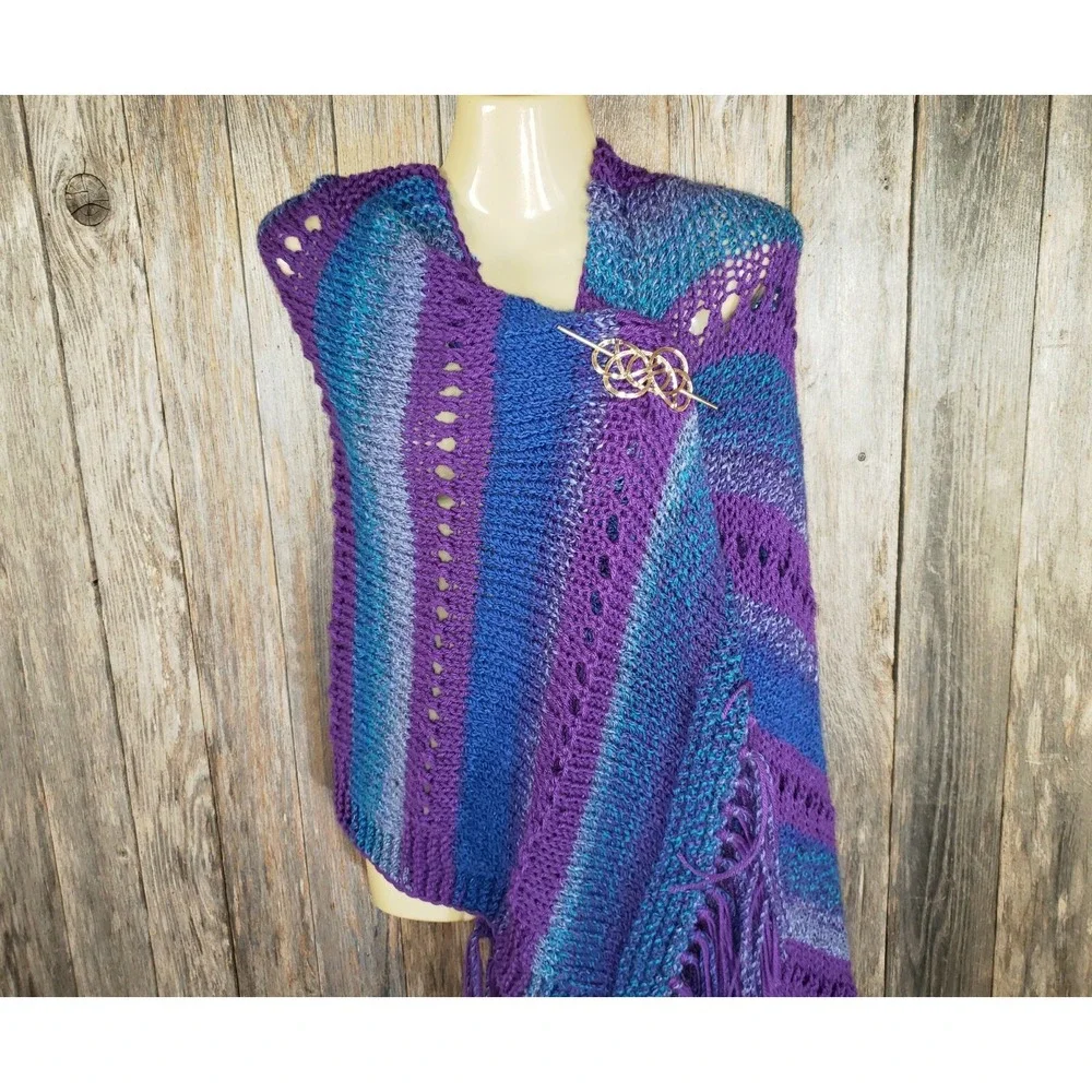 NEW Blue Purple Eyelet Hand Knit Shawl Wrap‎ Boho Festival Artsy Indie Coastal